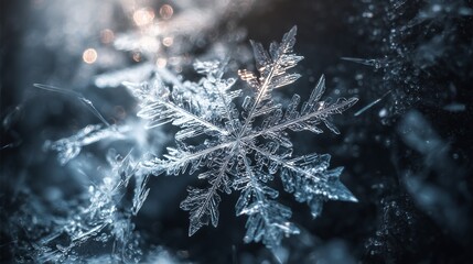 Macro delicate snow crystals forming radial patterns, illuminated winter beauty