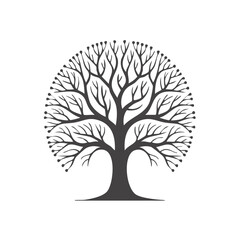 Stylized circular tree silhouette with intricate branches and small dots on a white background, representing nature's beauty and growth.