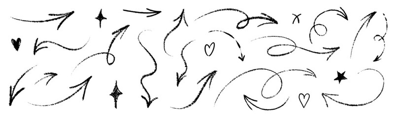 Hand drawn crayon arrow collection with sketchy brush lines. Whimsical scrapbook texture gives each arrow a warm, handmade look.