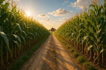 a dirt track in village between lush green and tall fields towards barn