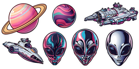 Colorful retrofuturistic space stickers featuring planets, spacecraft, and alien heads