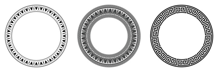Collection of decorative round frames for design with Greek key, meander. Circle frame. Egyptian, Assyrian, Greek motif circular frame. Template for textiles, engraving, forging, embroidery, porcelain