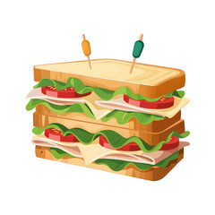 Hearty multi-layered club sandwich featuring fresh vegetables and deli meat held by colorful picks isolated on transparent background