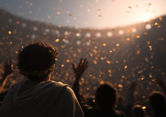 Dramatic, backlit shot from behind an audience member looking up as golden confetti falls over a huge, cheering crowd in a stadium or arena.