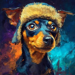 A dog in a winter knitted hat painting