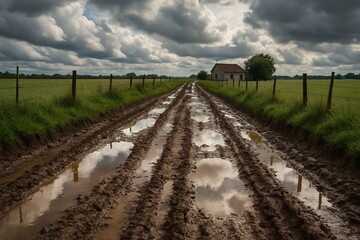 a mud road after rain in deep cloudy weather between lush green fields