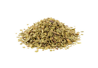Isolated heap of dried oregano spice herb leaves for cooking and seasoning dishes