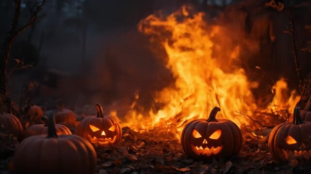 Circle of Halloween pumpkins engulfed in flames. 4k videos