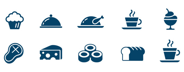 Delicious food and drink icons showcasing a diverse culinary collection for menus, recipes, and restaurant branding, offering vibrant visual appeal for any food-related project.