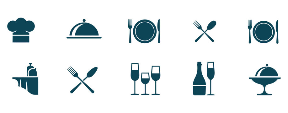 Professional culinary icons and restaurant elements collection for modern branding and design projects, offering a versatile set of stylish graphics.