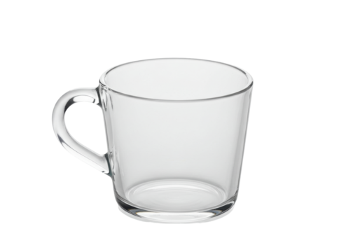 Isolated clear glass teacup with handle for tea coffee or hot beverage serving drinkware