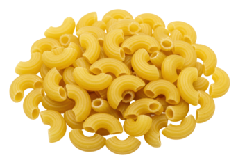 Isolated heap of elbow macaroni pasta ready for cooking and use in many recipes