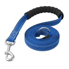 A vibrant blue dog leash with a comfortable padded handle and a sturdy metal clasp coiled neatly against a dark background