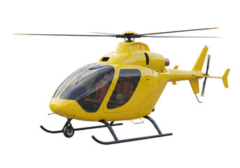 Fototapeta premium Isolated yellow helicopter with red seats and a tail rotor, side view, ready to fly