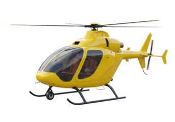 Isolated yellow helicopter with red seats and a tail rotor, side view, ready to fly