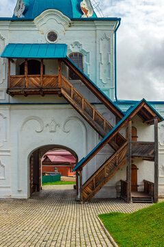 Close-up of Gate Church of Zachariah and Elizabeth on the territory of the Transfiguration of the Savior Monastery with wooden staircase in Yeniseysk, Russia.