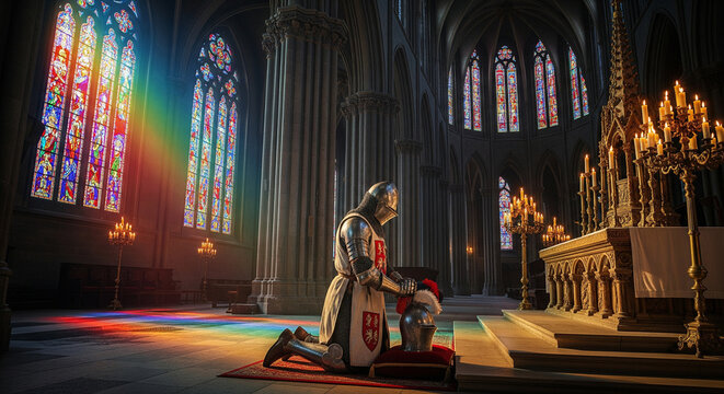  A medieval knight in polished chainmail armor kneels in prayer before the altar of a Gothic cathedral
