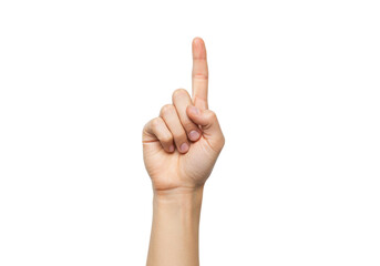 Isolated hand shows the number one, pointing up, gesturing to follow, guiding the way