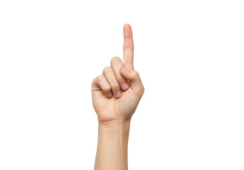 Isolated hand shows the number one, pointing up, gesturing to follow, guiding the way