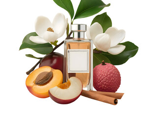 Perfume bottle with natural ingredients magnolia flowers apricot peach lychee plum and cinnamon isolated on transparent background