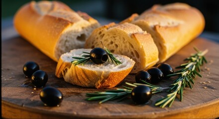 Freshly sliced baguette with black olives and rosemary on wooden board at sunset