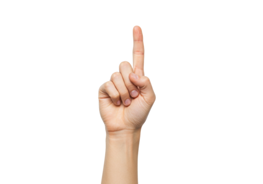 Isolated hand shows the number one, pointing up, gesturing to follow, guiding the way