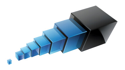 Progressive series of increasing blue and black 3D cubes representing growth and development isolated on transparent background