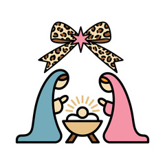 Nativity Scene with Leopard Print Bow Illustration