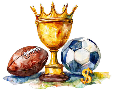 watercolor painting of a golden trophy, american football, soccer ball and dollar sign on a colorful splash background.