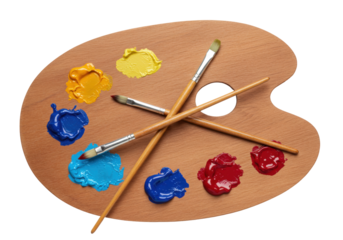 Isolated art palette with assorted vibrant paint colors and paintbrushes for creative artists