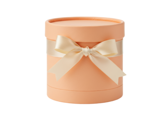 Isolated fancy peach-colored cylinder box tied with light bow, gift wrapping concept for party