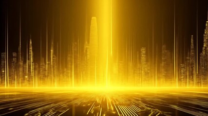 A stylized cityscape in shades of gold radiates light. Linear patterns and vertical beams create a dynamic scene