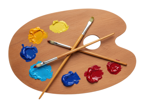 Isolated art palette with assorted vibrant paint colors and paintbrushes for creative artists