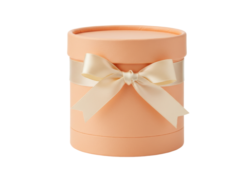 Isolated fancy peach-colored cylinder box tied with light bow, gift wrapping concept for party