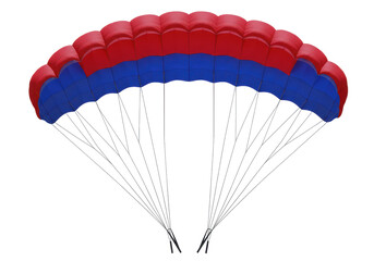 Isolated Parachute open for flying activity with blue and red fabric with many lines