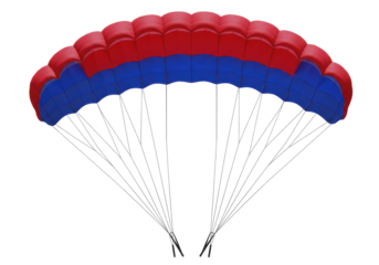 Isolated Parachute open for flying activity with blue and red fabric with many lines