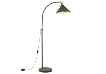 Isolated floor lamp features a stylish, vintage design and a green finish in a studio setting