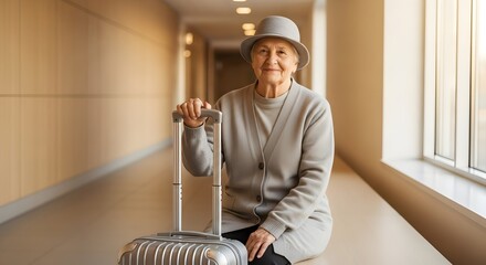 Elderly woman with hat sitting on a suitcase in a hallway waiting for her flight at the airport terminal
