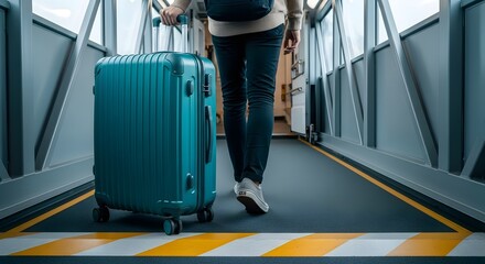 Person pulling teal suitcase through airport jetway toward airplane during travel time vacation trip