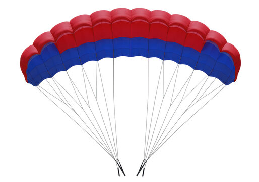 Isolated Parachute open for flying activity with blue and red fabric with many lines
