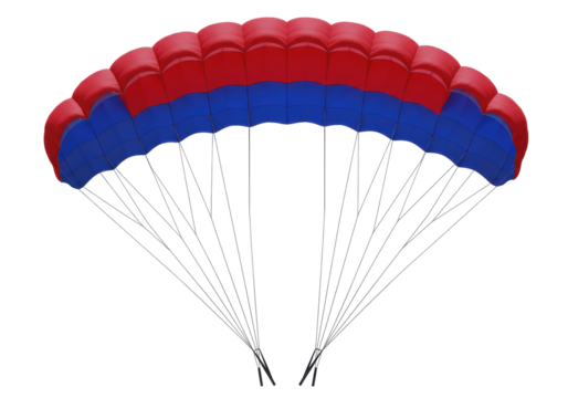 Isolated Parachute open for flying activity with blue and red fabric with many lines