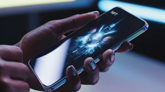 Person interacting with glowing digital artwork thumbnails on mobile device screen