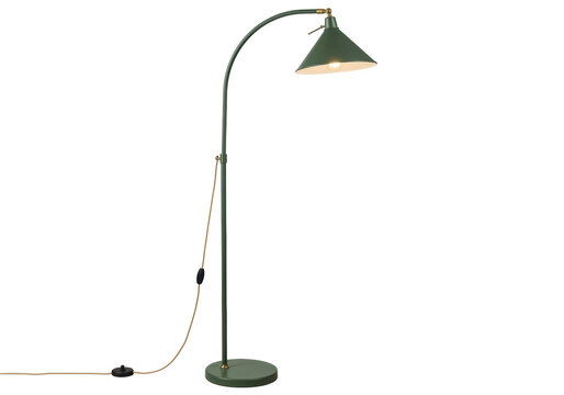 Isolated floor lamp features a stylish, vintage design and a green finish in a studio setting
