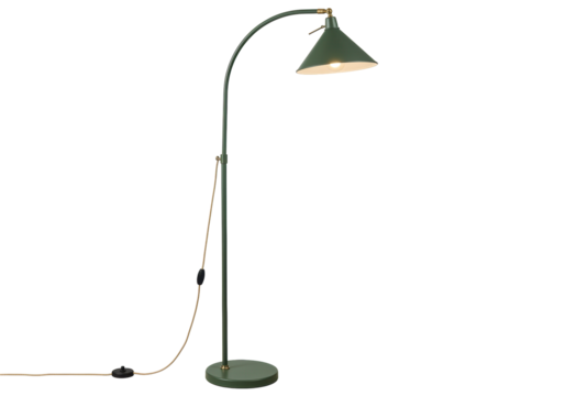 Isolated floor lamp features a stylish, vintage design and a green finish in a studio setting