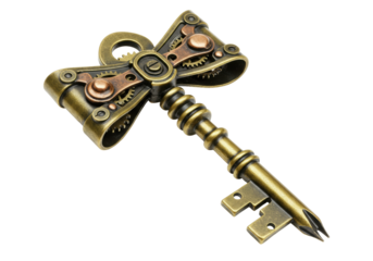 Isolated steampunk key with ornate gears and brass accents, on a light surface, for fantasy games