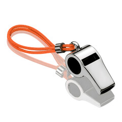Shiny silver metal whistle with a bright orange lanyard attached for sports and safety isolated on transparent background