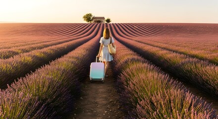 Woman with suitcase walking through lavender field towards a house during golden hour light