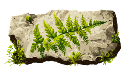 Lush green fern frond growing on textured rock surface
