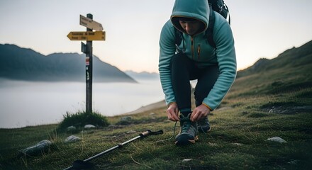Woman tying her hiking boot on a mountain trail with a signpost and fog in the valley behind her
