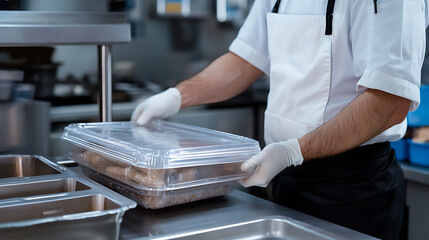 Chef in gloves handles food containers on a steel counter. Restaurant kitchen scene. Focus on hygiene and food safety. Culinary professional at work.